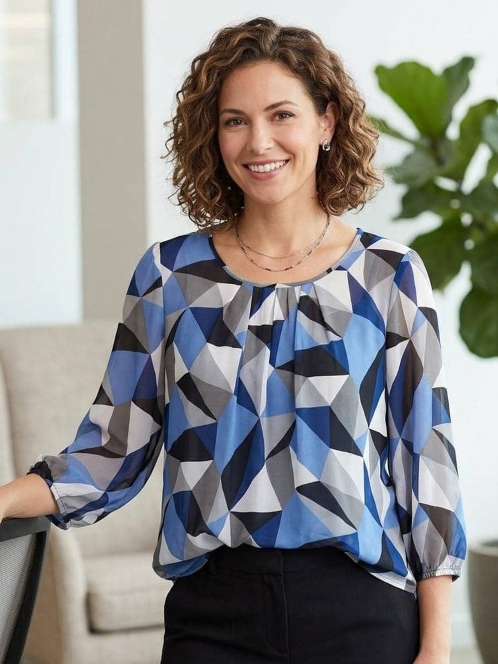 AGB Blue and Gray Geometric Pleated Scoop-Neck Blouse โข Size XL